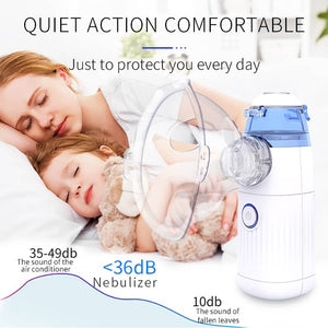 Child using portable nebulizer for breathing care