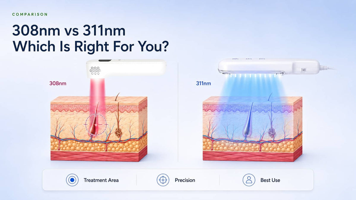 308nm vs 311nm UVB phototherapy comparison showing targeted and broader treatment areas