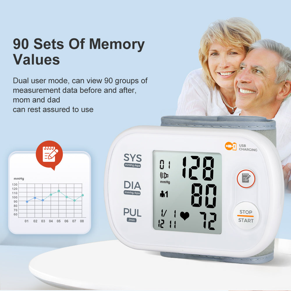Elderly using home blood pressure monitor for health tracking