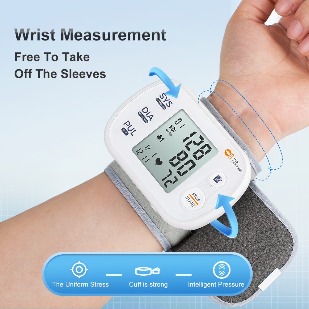 Blood pressure monitor LCD screen showing measurement results