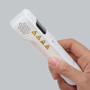 Handheld side view of UV308B with ventilation grille and warning labels