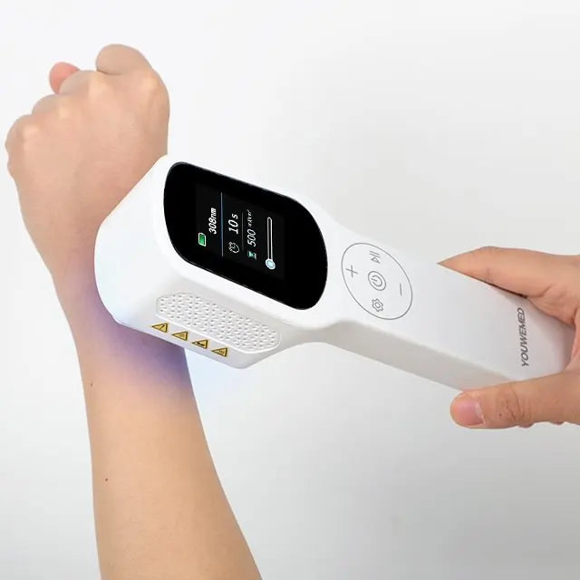 Person using UV308V large area 308nm LED UVB light device at home