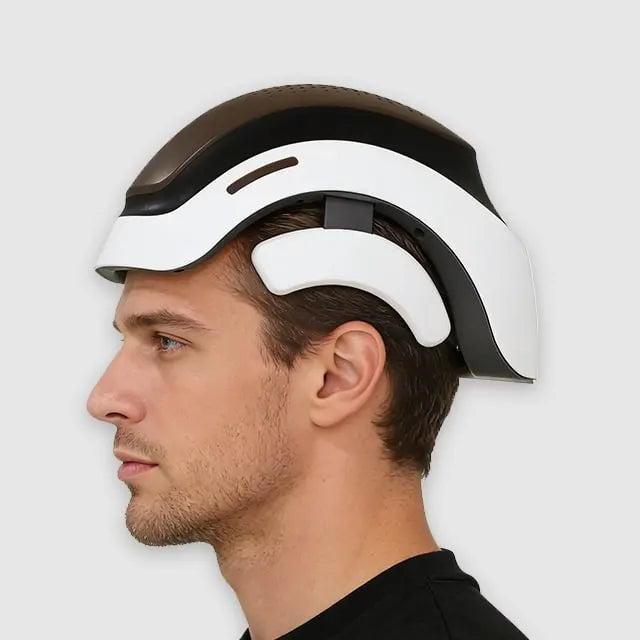 Person wearing LED hair growth helmet for scalp care
